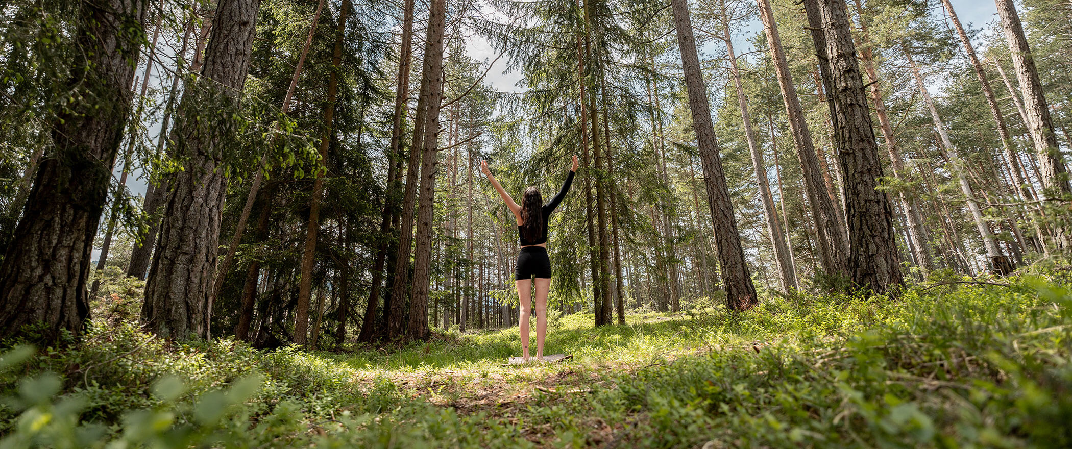 Una donna fa yoga in mezzo al bosco - Vitalhotel Erica